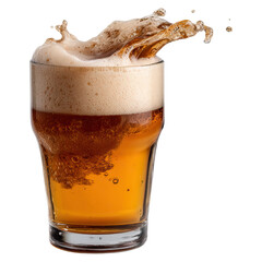 Golden beer wave crashing in fluid motion concept. Refreshing beer with frothy foam splashing in a glass.