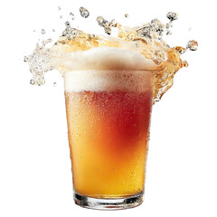 Golden beer wave crashing in fluid motion concept. Refreshing beverage with a splash and frothy foam on top.