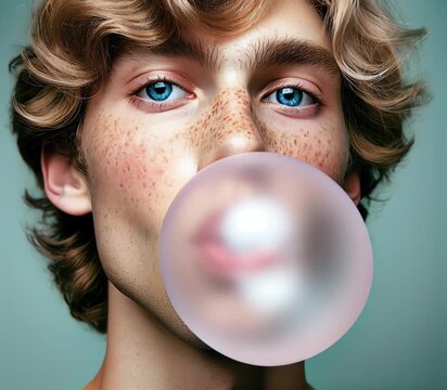 Closeup video of young man with blue eyes blowing big pink bubble gum bubble
