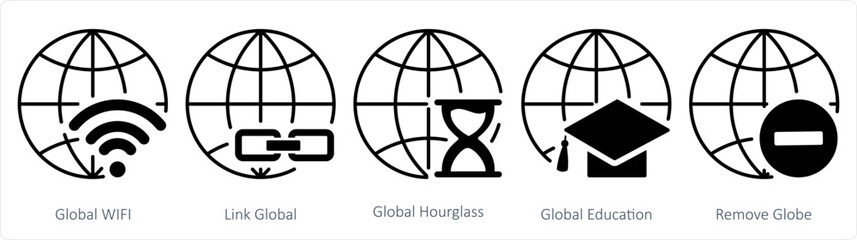 A set of 5 internet icons as global wifi, link global, global hourglass