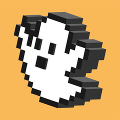 Isometric Cute Ghost in Retro. Cute retro isometric ghost character in pixel-inspired blocky style for nostalgic gaming design