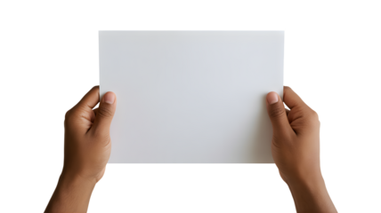 Hands holding a blank white paper sheet isolated on transparent background