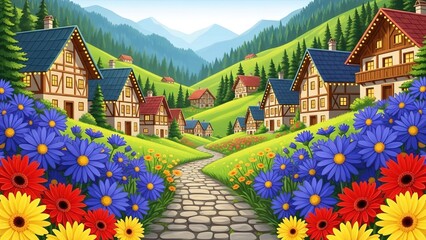 &ldquo;Peaceful Mountain Village Landscape with Cozy Cottages and Lush Greenery&rdquo;