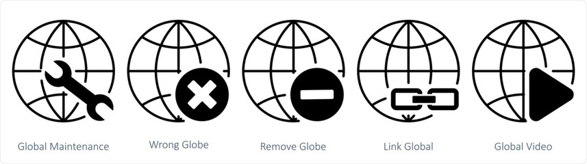 A set of 5 internet icons as global maintenance, wrong globe, remove globe