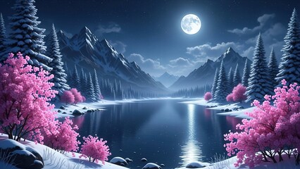&ldquo;Enchanting Moonlit Lake Landscape with Pink Blossoms and Snowy Mountains &ndash; Fantasy Night Nature Scene&rdquo;