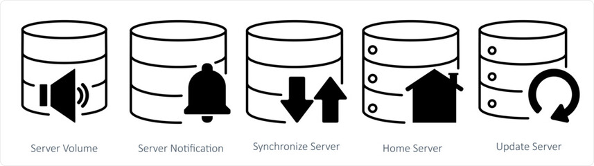 A set of 5 internet icons as server volume, server notification, synchronize server