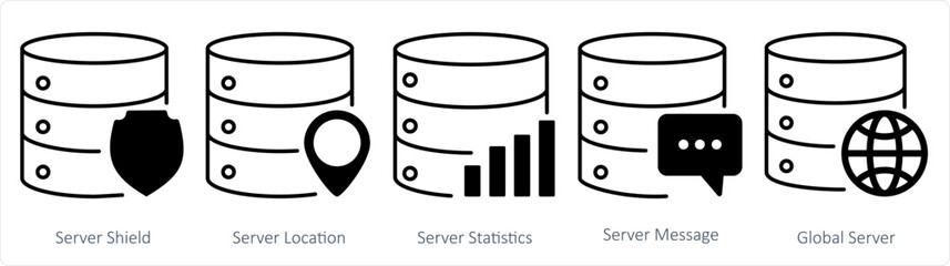 A set of 5 internet icons as server shield, server location, server statistic
