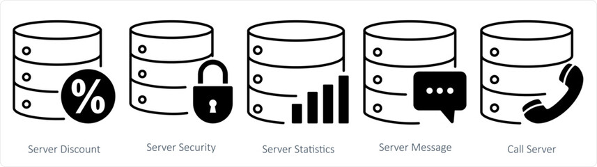 A set of 5 internet icons as server discount, server security, server statistics
