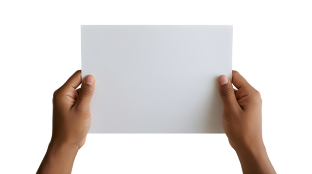 Hands holding a blank white paper sheet isolated on transparent background