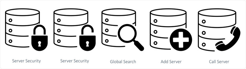 A set of 5 internet icons as server security, global search, add search