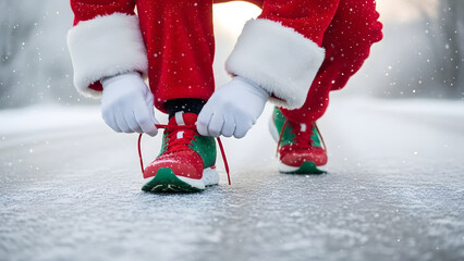 Santa Claus tying running shoes while exercising in the snow  