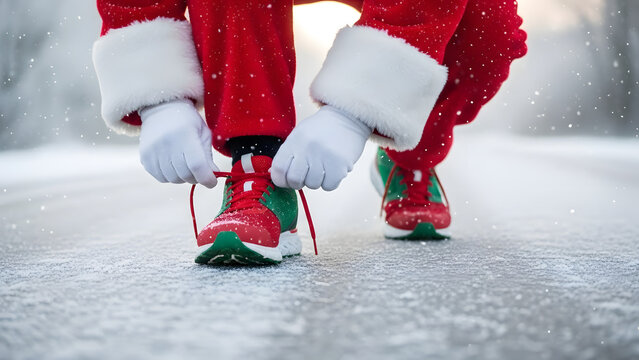 Santa Claus tying running shoes while exercising in the snow  