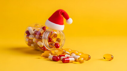 Pills spilling from jar wearing Santa hat on bright yellow background  