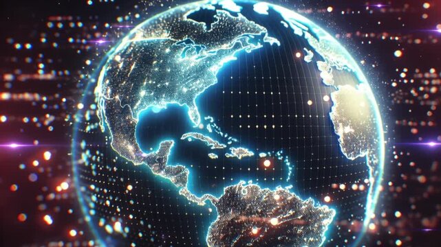 Futuristic digital Earth showing North and Central America with glowing tech effects in motion
