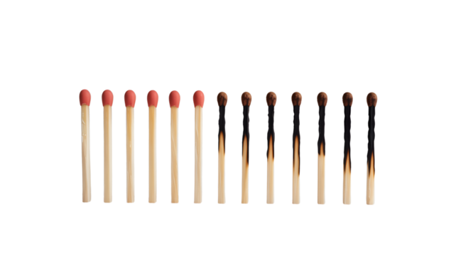 Row of unburnt and burnt matches isolated on transparent background