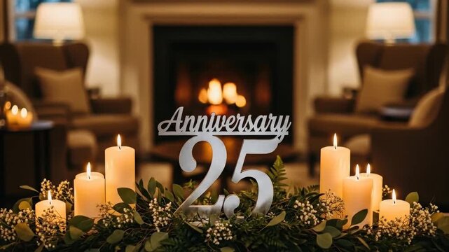 Anniversary celebration display with candles and floral arrangement