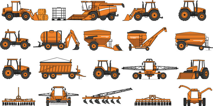 Comprehensive Vector Line Art Collection of Heavy Orange Agricultural Machinery and Farm Equipment, Including Tractors, Harvesters, Cultivators, Sprayers, and Trailers for Modern Farming and Industria