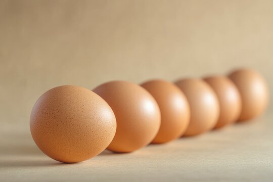 A group of six brown eggs lined up on a wooden surface.