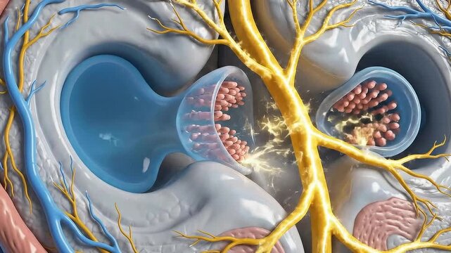 Detailed Anatomical View of Tympanic Membrane with Bone Structures and Vessels in Blue and Yellow Shades on White Background for Medical Visualization and