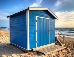 A vibrant blue beach shack sits on a sandy shore under a bright sky