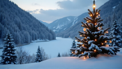 a beautifully lit Christmas tree adorned with golden lights and red ornaments, standing on a snowy hill overlooking the majestic frozen snow valley