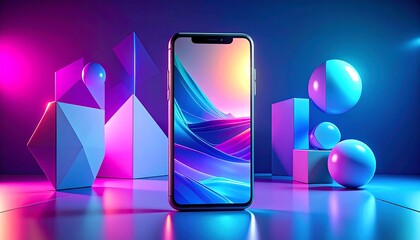 Phone display abstract colorful landscape, surrounded by geometric shapes, illuminated in vivid neon lighting