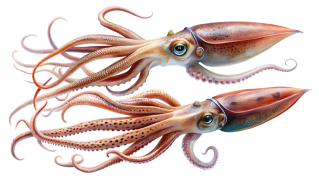 Two detailed, realistic squid with tentacles spread, isolated on a transparent background, showcasing intricate textures and vibrant aquatic marine life.