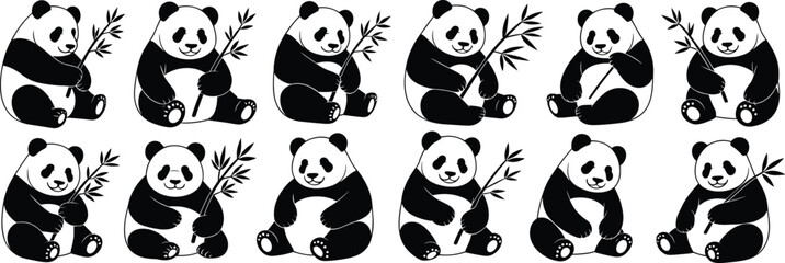 Cartoon panda icon set, bamboo holding pose collection, cute animal graphics, black white vector, cad drawing flat vector illustration