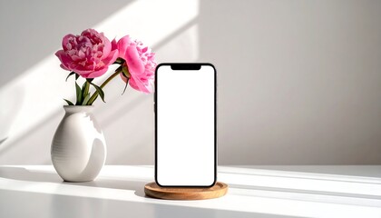 Phone with white screen beside pink flowers in white vase on light surface against white background with sunbeam