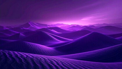 Purple-hued desert vista with sand dunes receding into the distance under a glowing sky