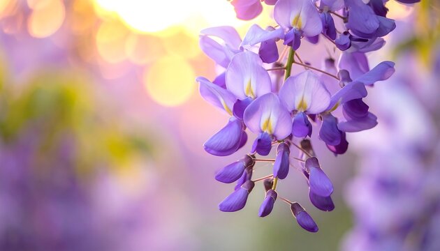 Purple wisteria flowers cascade in sunlight, soft focus background showing bokeh, creating dreamy floral scene