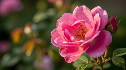 Fototapeta premium Close-up of a vibrant pink rose flower with dew drops and a budding rose in soft morning light