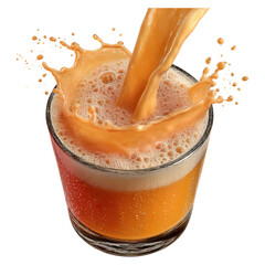 Golden beer wave crashing in fluid motion concept. Refreshing orange beverage with dynamic splash effect in glass.