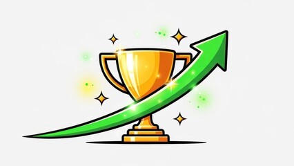 A gold trophy with a green arrow pointing upwards, placed on a white background with a green star and a green spark.