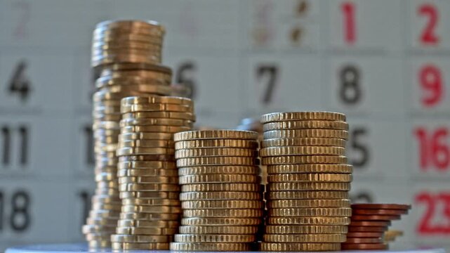 Coins Stacks in Front of Calendar Representing Savings, Investment