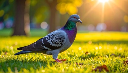 Pigeon stands on a sun-drenched green grassy field with blurred trees background, illuminated by golden hour light