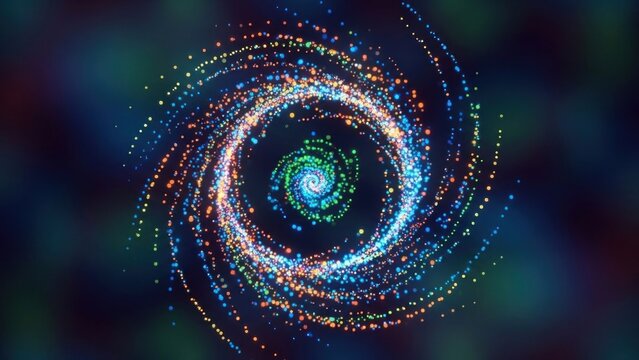 A colorful, abstract swirl of particles against a dark background.