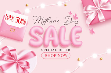 Mother's day sale clipart design. Mother's day with inflatable balloon sale text 50% off shopping discount clip art with pink gift box, heart, lights and envelope background elements for holiday 