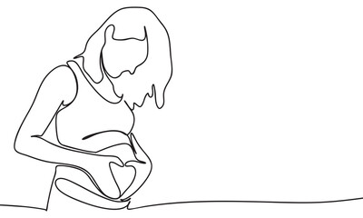 Continuous Line Art of Pregnant Woman with Heart Hands on Belly