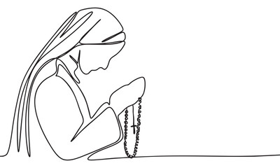 Continuous Line Drawing of a Praying Woman with Rosary