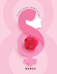 International Women's day clipart poster design. March 8 international Women's day clip art with silhouette pink beautiful girl and rose flower for greeting card template trendy poster design vector 
