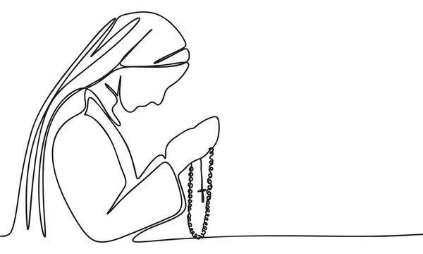 Continuous Line Drawing of a Praying Woman with Rosary
