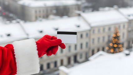 Santa Claus holding a credit card in snowy urban setting