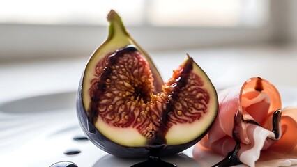 Indulge in a gourmet experience with fresh figs and prosciutto drizzled in balsamic glaze, perfect for culinary creations and fine dining promotions