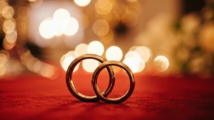 Wedding rings on red surface with bokeh lights