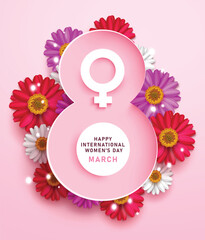 Happy international Women's day clipart poster design. International Women's day greeting card and logo with colorful flower background clip art March 8 celebration symbol poster design vector 