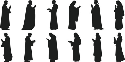 Prayer silhouette icon set, spiritual figure pose collection, religious robe posture graphics, black white vector, cad drawing flat vector illustration
