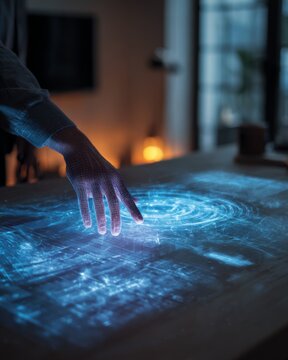 Hand interacting with a futuristic holographic interface displaying digital patterns.