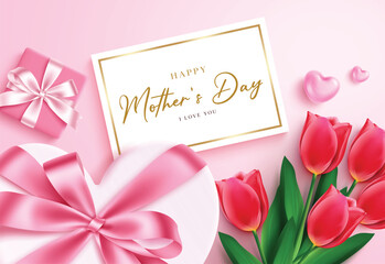 Mother's day greeting card clipart design. Mother's day greeting in paper cut style clip art with pink heart, rose flower and gift box elements background for holiday banner card template vector 