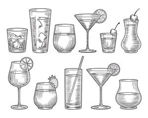 Collection of hand drawn alcoholic and non alcoholic drinks in various glasses
